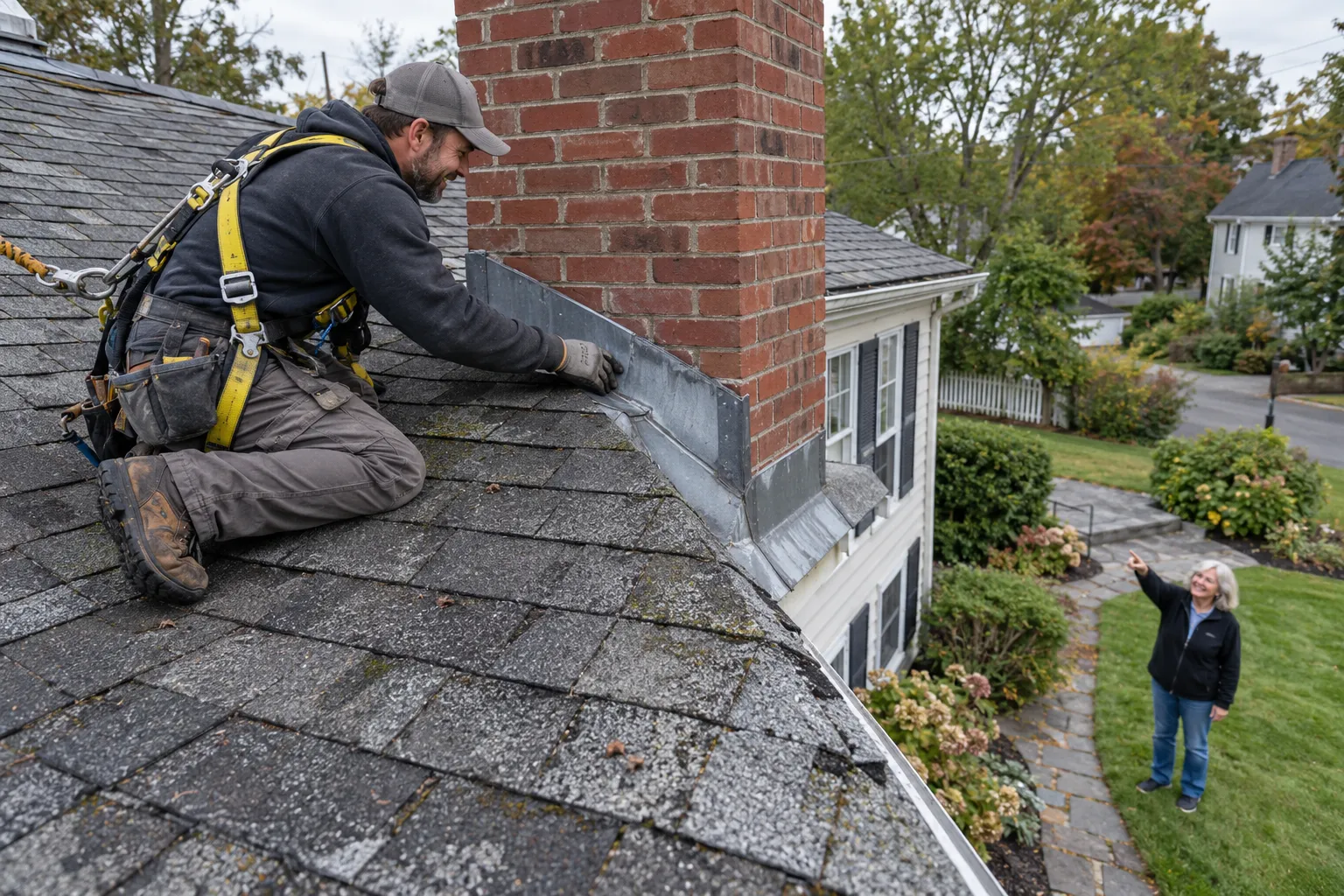 Local roofing provider checking shingles and flashing on an older home in Sayreville