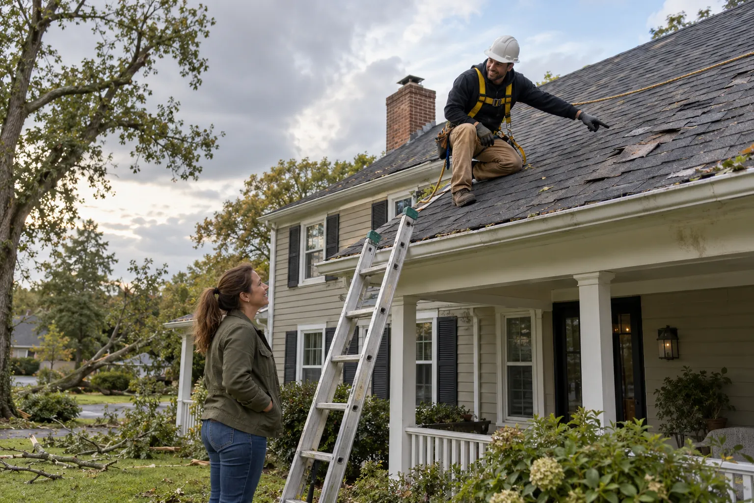 Local roofing provider inspecting hail-damaged shingles on a home in Sayreville